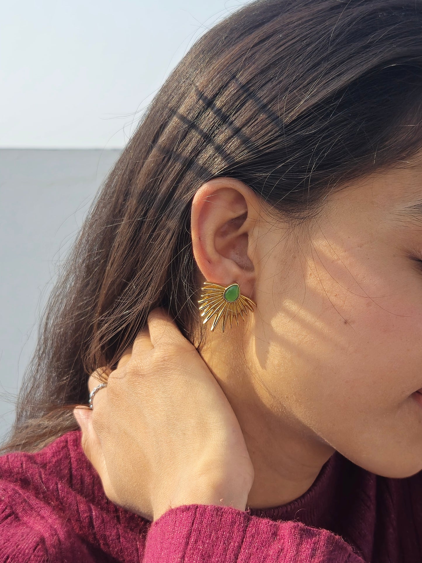 Gold Green Stone Earrings