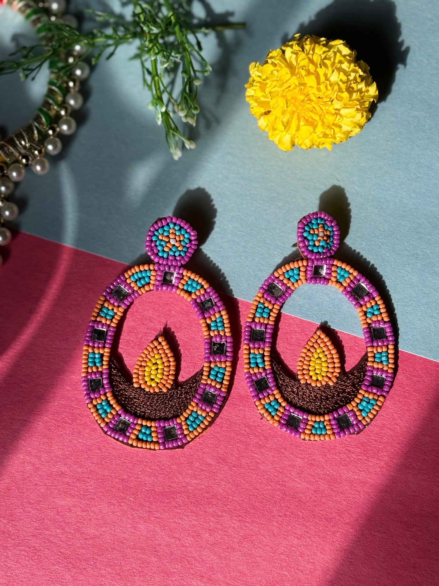 Oval Diya Beaded Festive Earrings