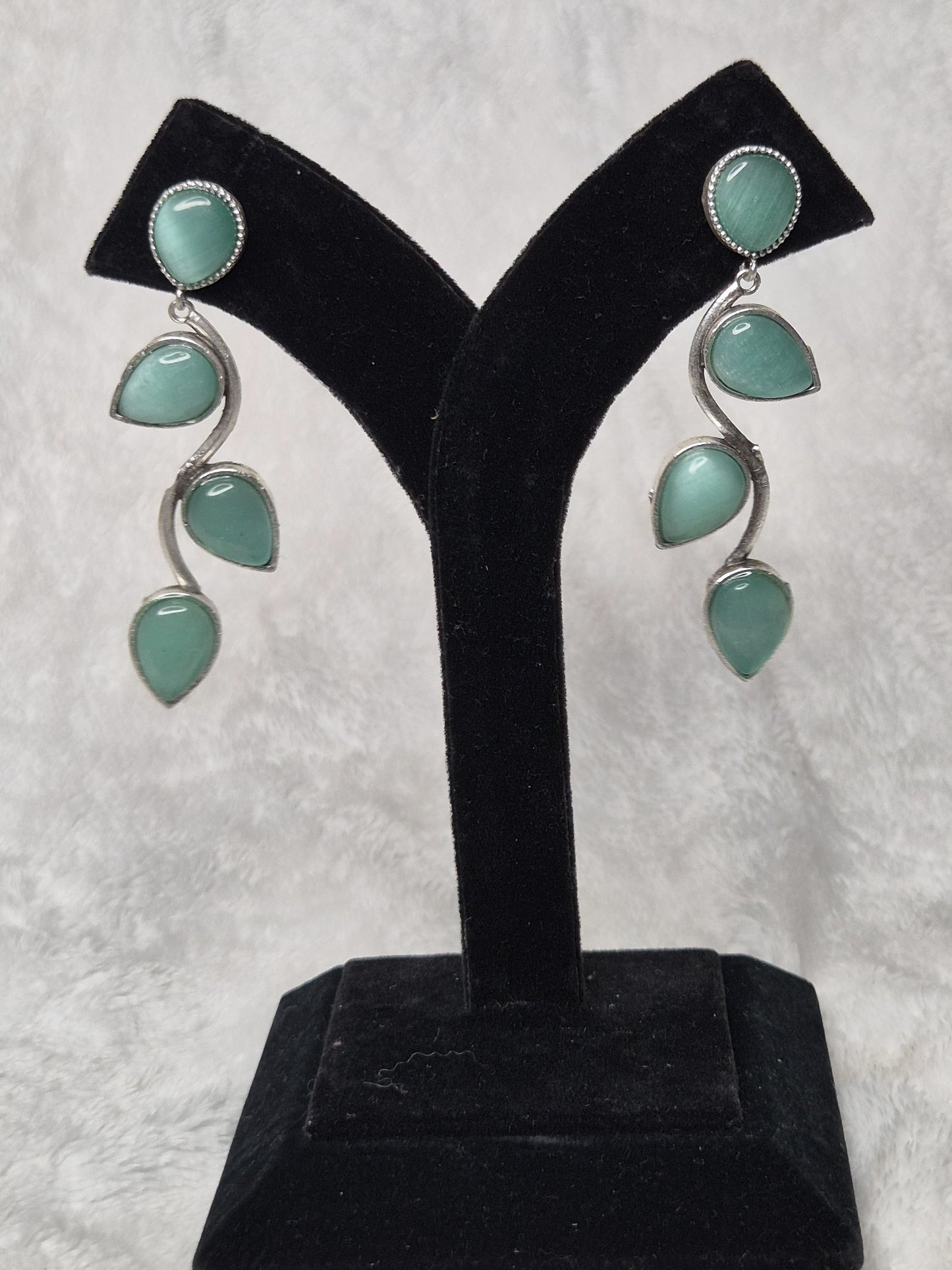 Mint Green Petals Oxidised Silver Earrings
