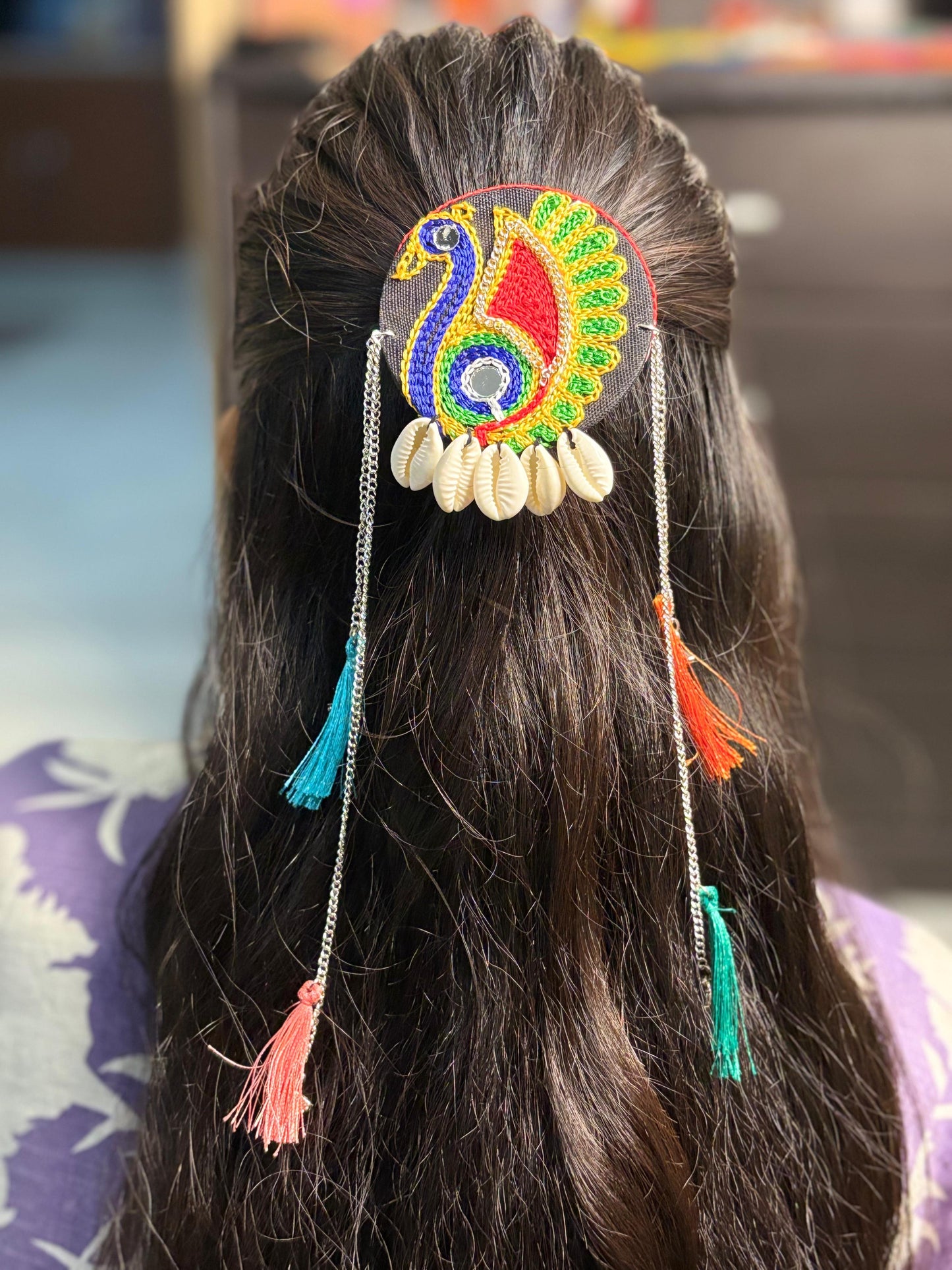 Peacock Glory Hair Brooch with Tassels