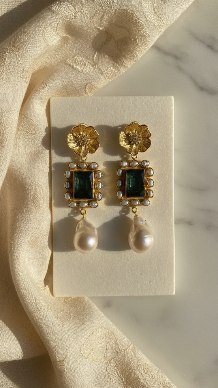 Emerald Bloom Pearl Drop Earrings