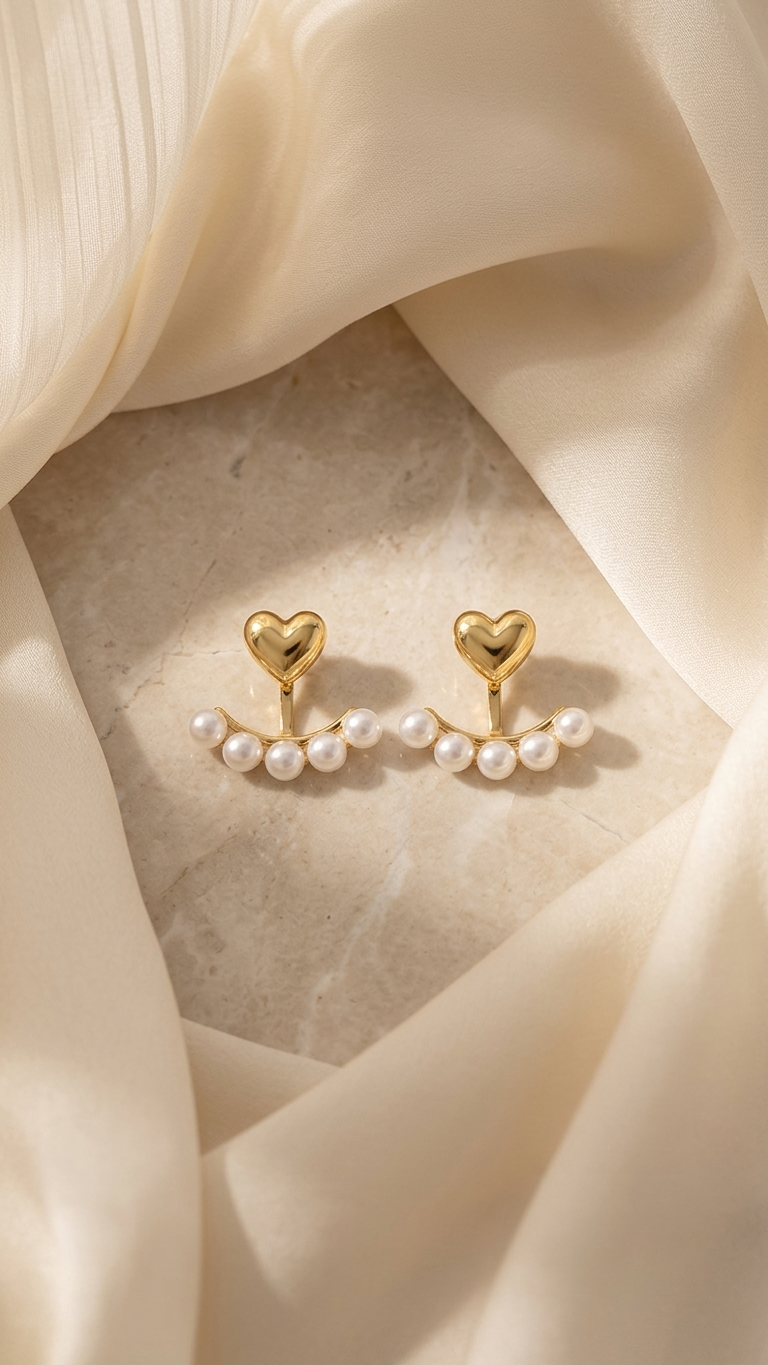 Golden Heart Pearl Curve Stud Earrings