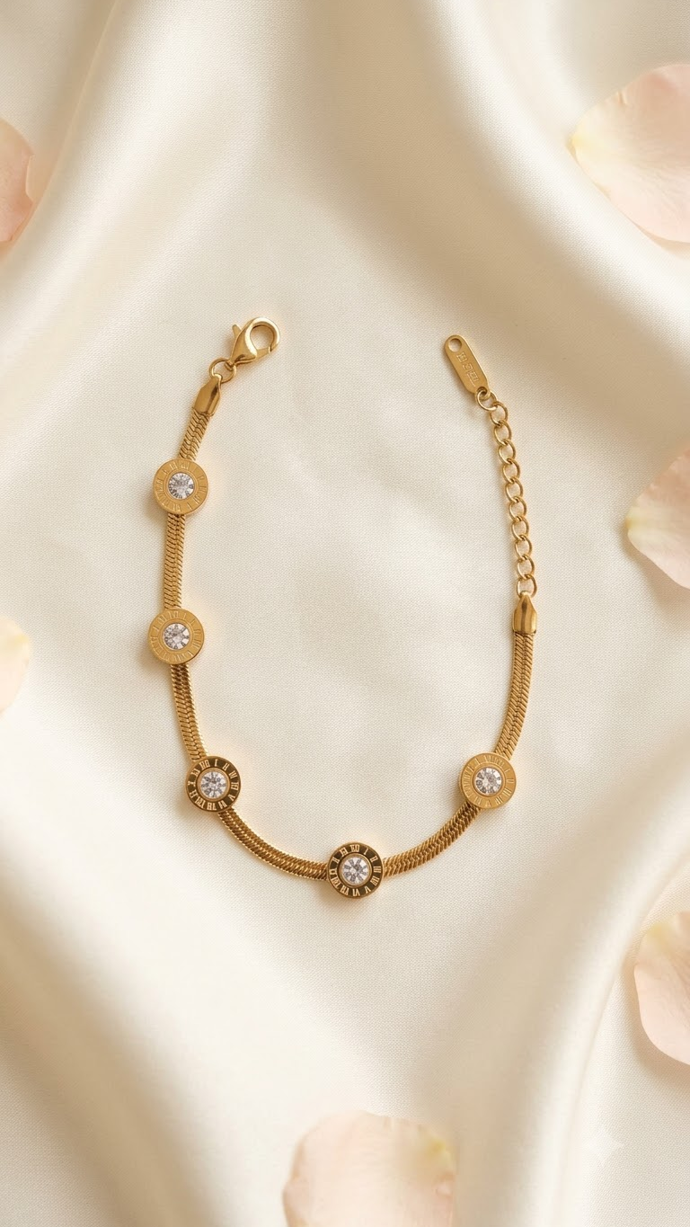 Roman Numeral Crystal Herringbone Bracelet