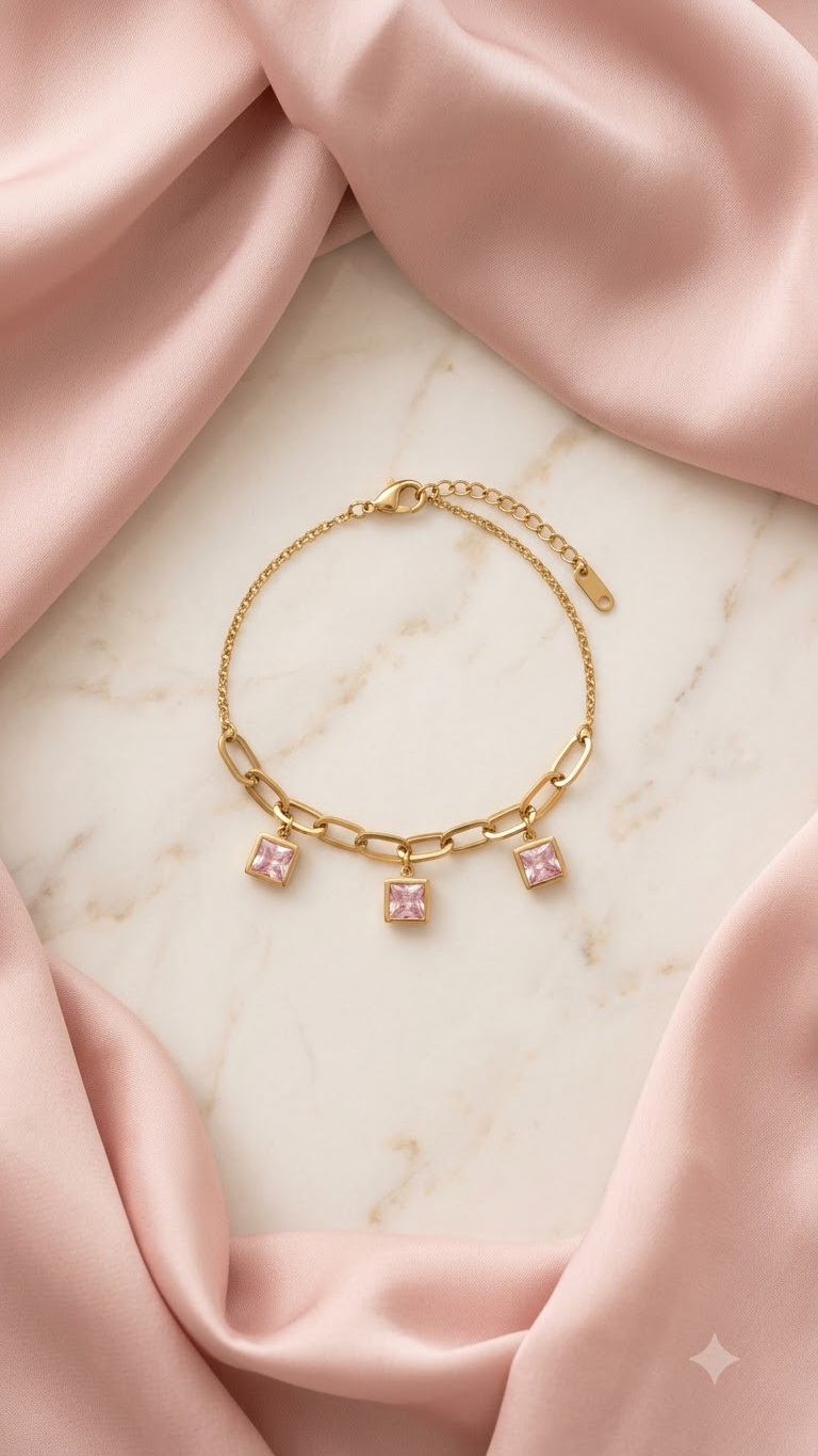 Princess-Cut Pink Crystal Paperclip Charm Bracelet