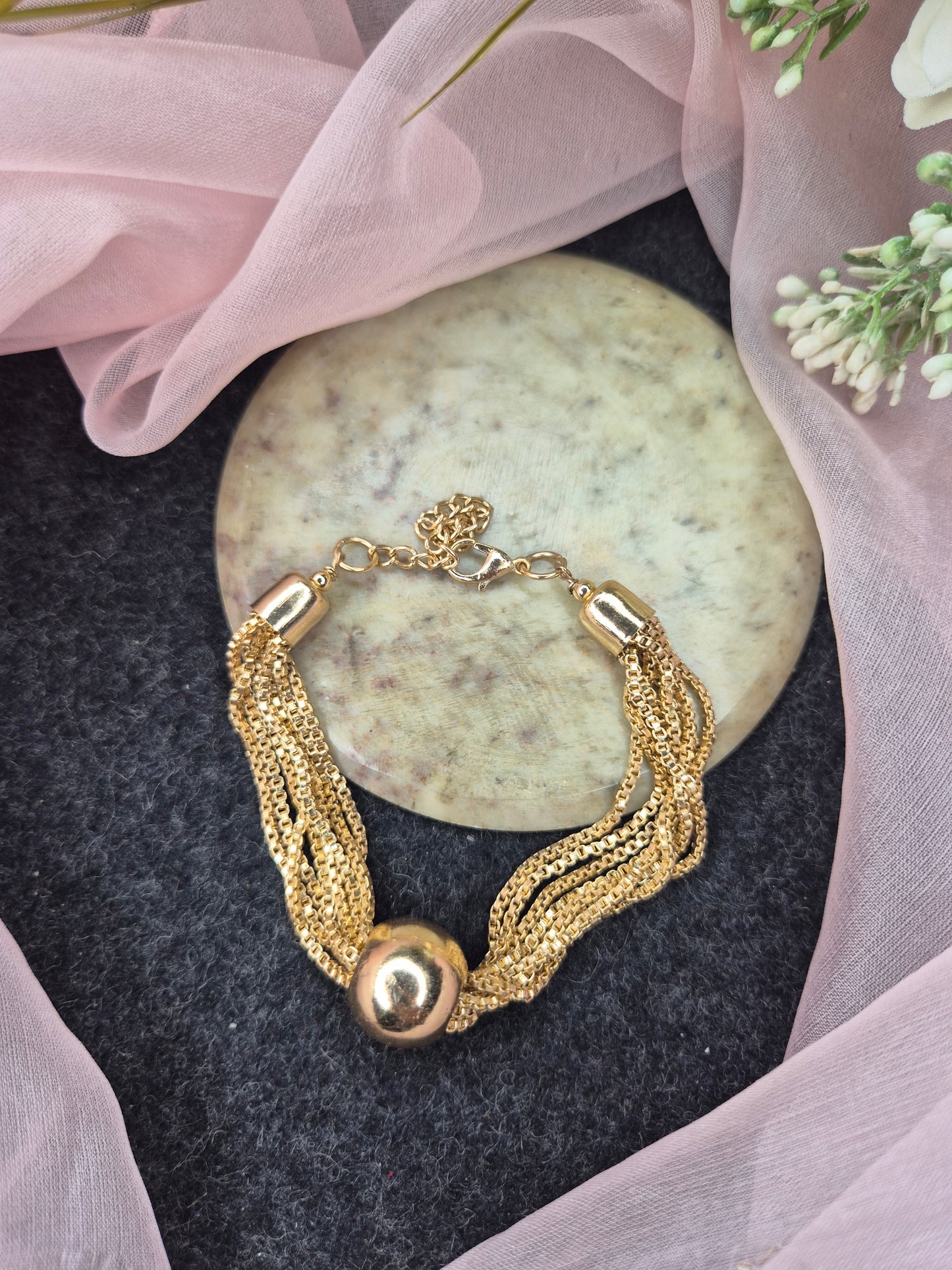 Anti-Tarnish Golden Multi-Line Box Chain In Ball Bracelet