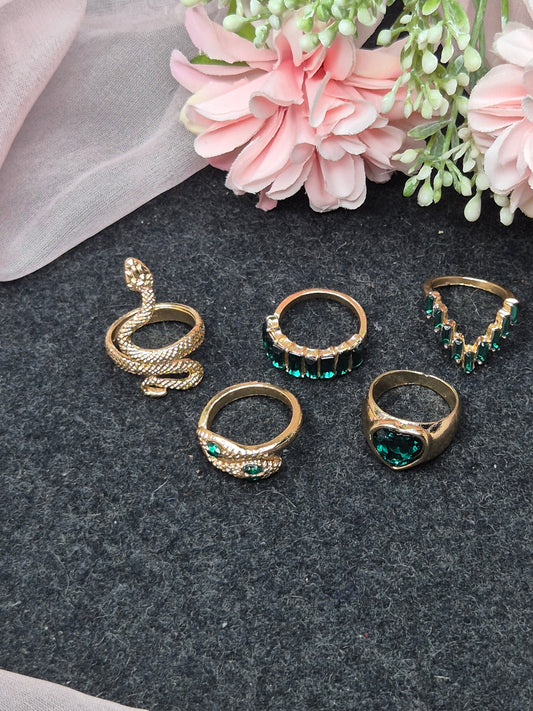 5 Anti-Tarnish Golden Snake & Emerald Rings Set