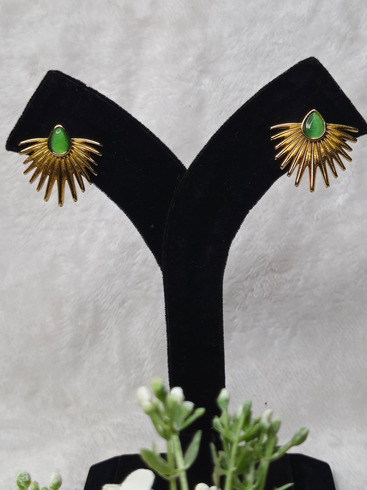 Anti Tarnish Gold Green Stone Earings