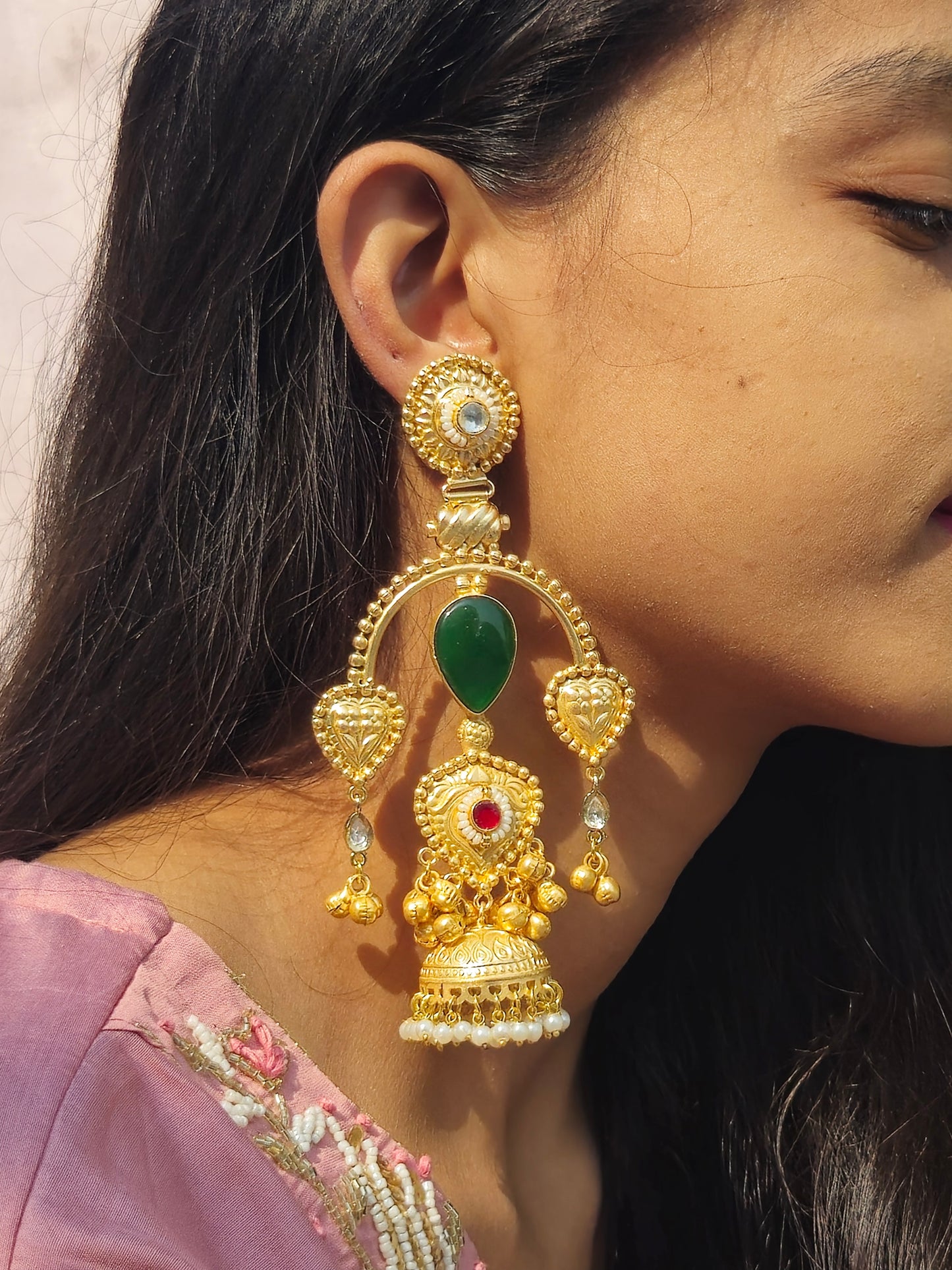 Semicircle Green Gold Jhumka Earrings