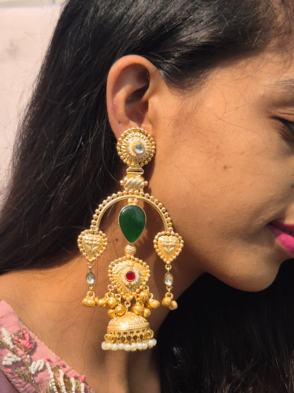 Semicircle Green Gold Jhumka Earrings