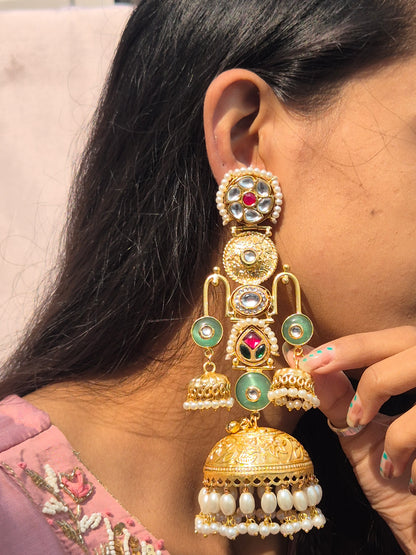 Long Multicolour Brass Triple Jhumka Earrings