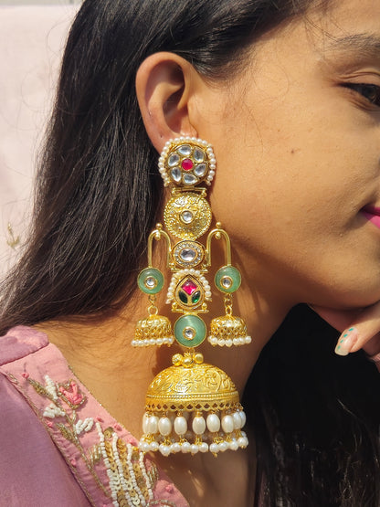 Long Multicolour Brass Triple Jhumka Earrings