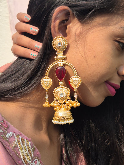 Semicircle Red Gold Jhumka Earrings