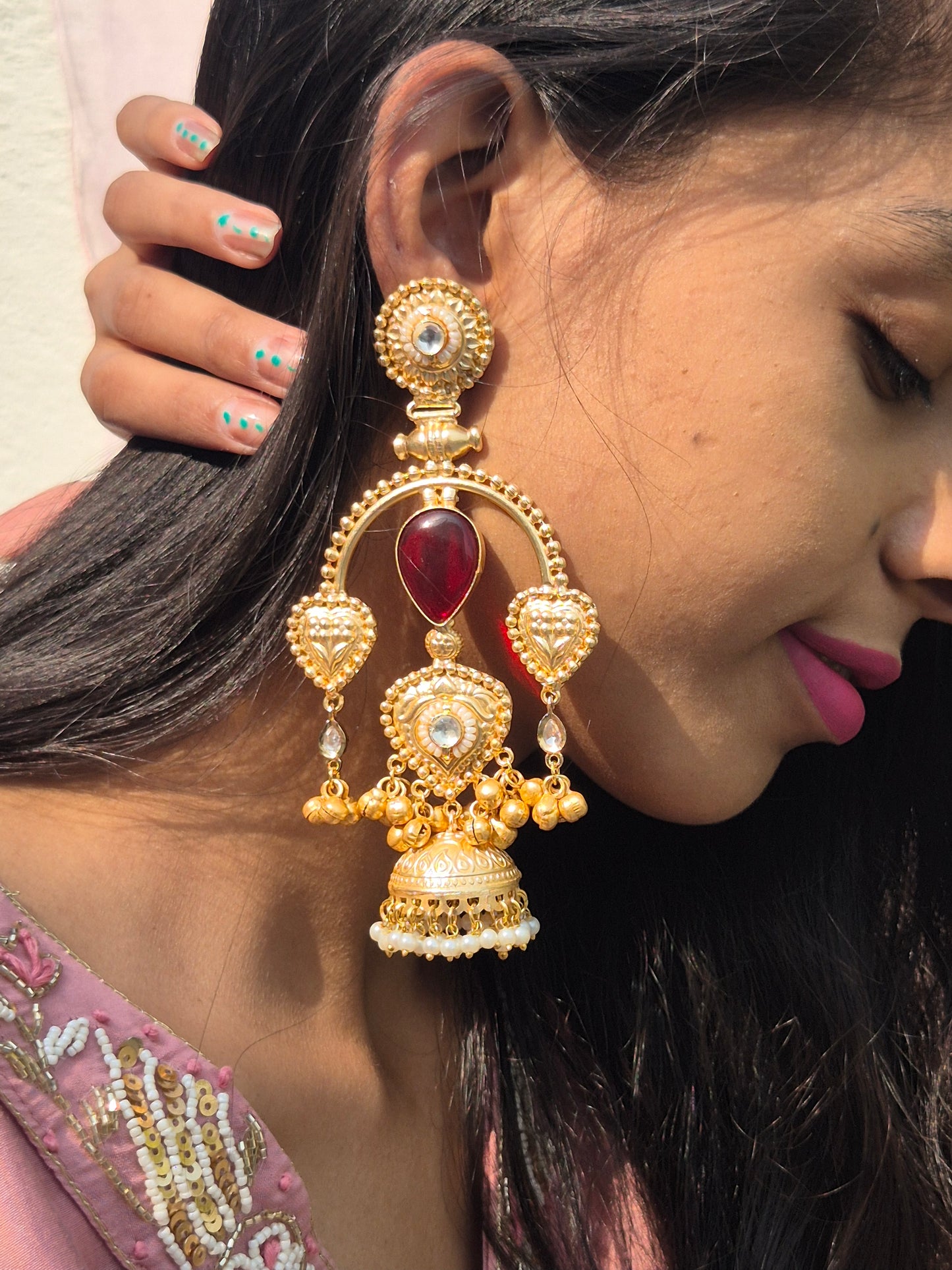 Semicircle Red Gold Jhumka Earrings