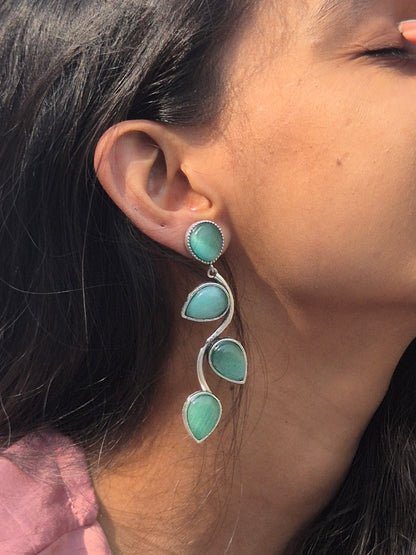 Mint Green Petals Oxidised Silver Earrings