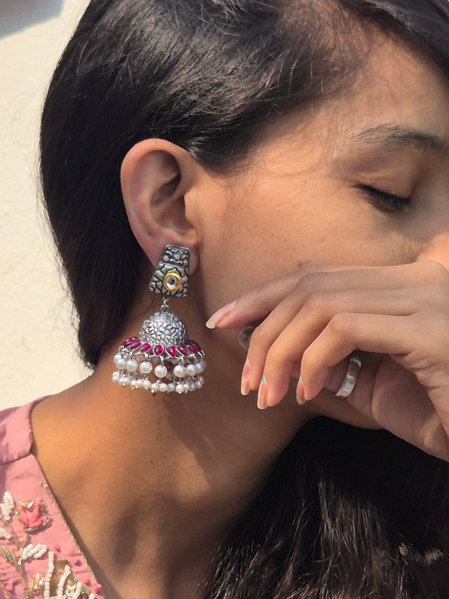 Pink Silver Oxidized Jhumkas