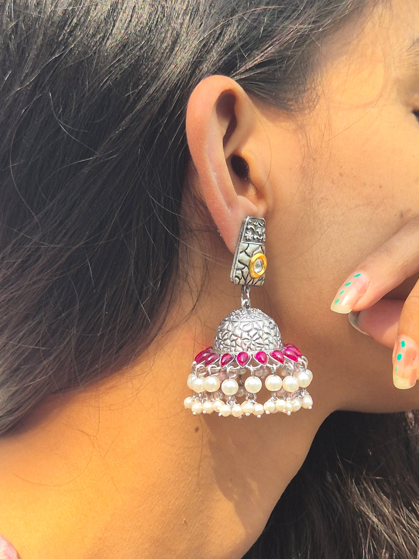 Pink Silver Oxidized Jhumkas