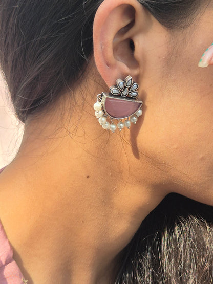 Pink Tone Silver Oxidized Jhumkis