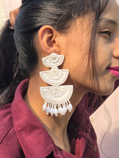 White 3 Layers Beaded Earrings