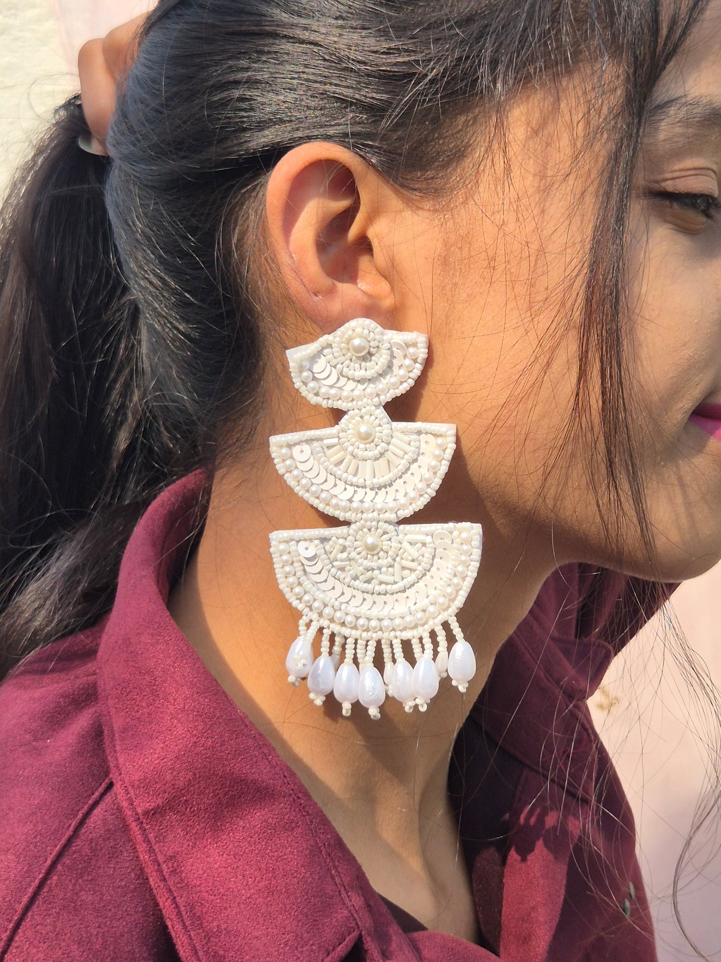 White 3 Layers Beaded Earrings