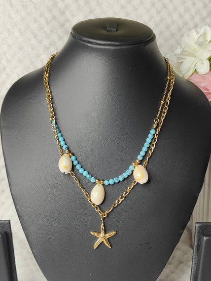 Ocean Series - Anti Tarnish Double Layer Star Pendant with Blue Beads