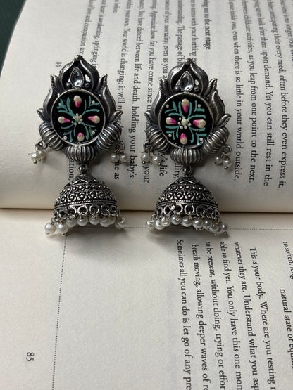 Silver Toned HandPainted Jhumkis