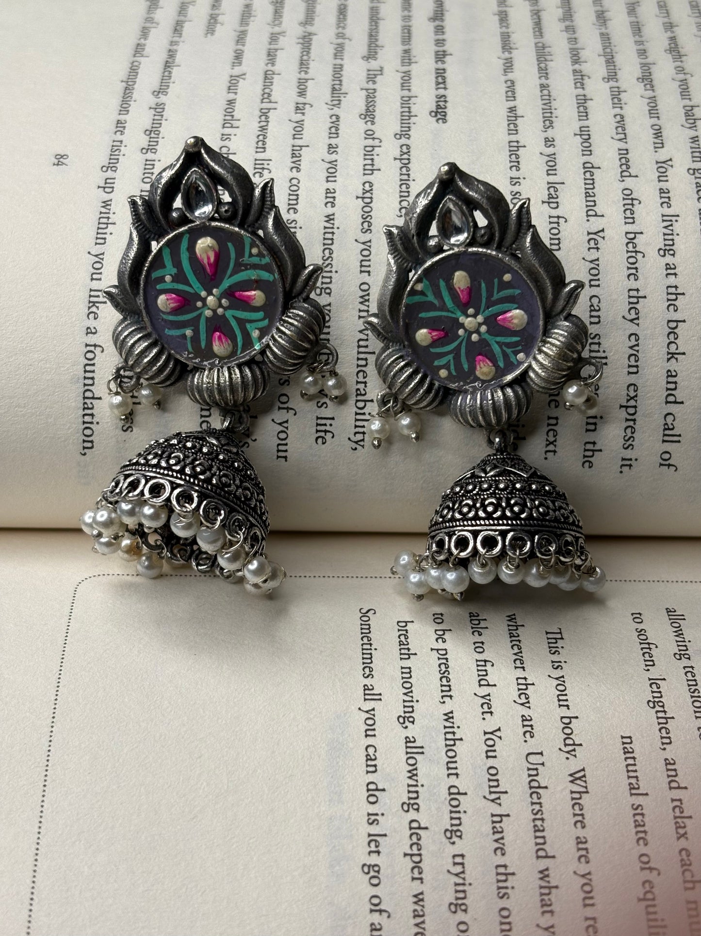 Silver Toned HandPainted Jhumkis