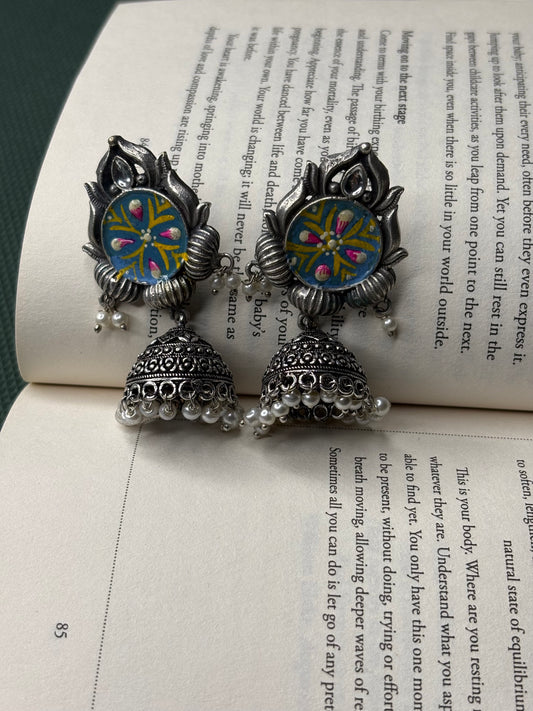 Silver Toned HandPainted Jhumkis