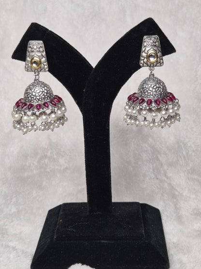 Pink Silver Oxidized Jhumkas