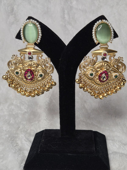 Mint Green Gold Traditional Earrings