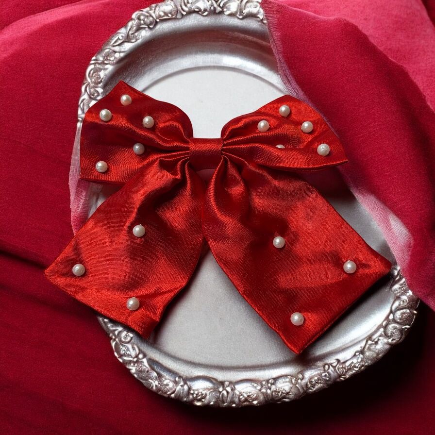 Satin Bow Hair Clip with Pearl Detailing