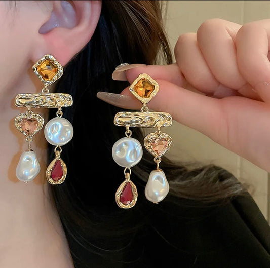 Regal Gemstone Pearl Drop Earrings
