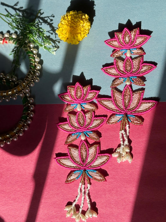 Triple Lotus Cascade Embroidered Earrings