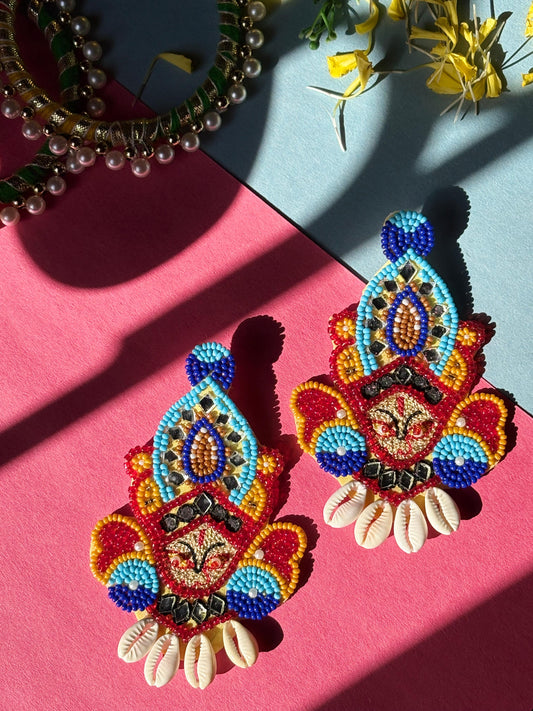 Divine Durga Beaded Earrings with Cowrie Shells