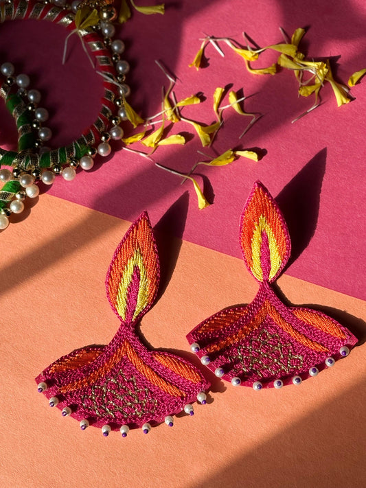 Embroidered Diya Flame Festive Earrings
