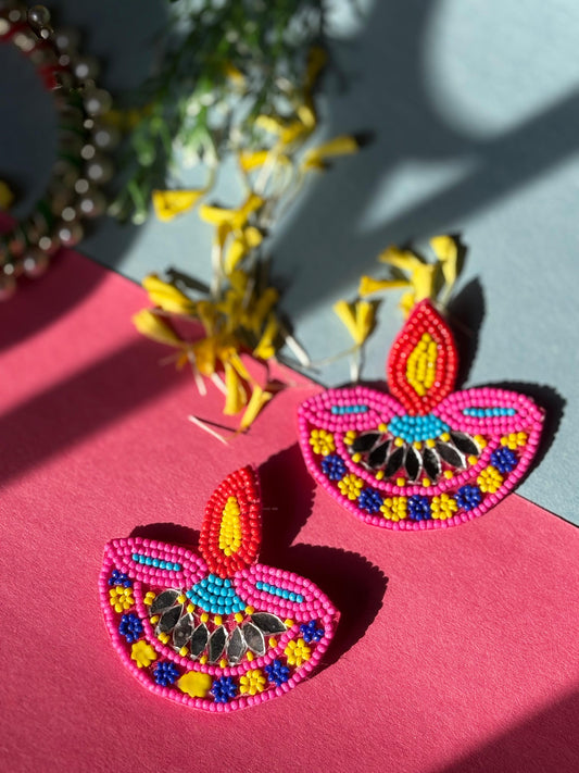 Vibrant Pink Diya Beaded Earrings