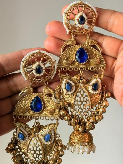 Royal Sapphire Owl Dangler Jhumkas