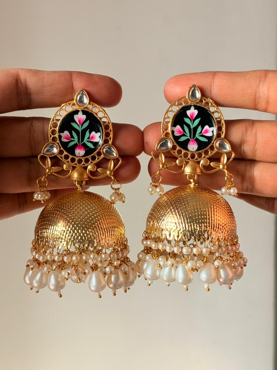 Noor-E-Gul Handpainted Pearl Dome Jhumkas