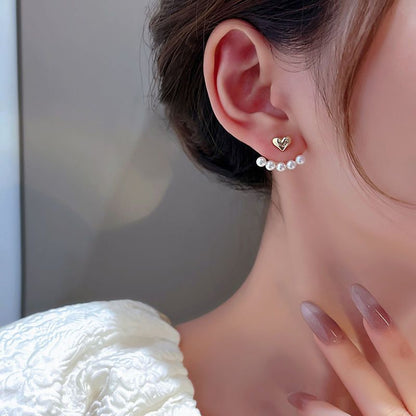 Golden Heart Pearl Curve Stud Earrings