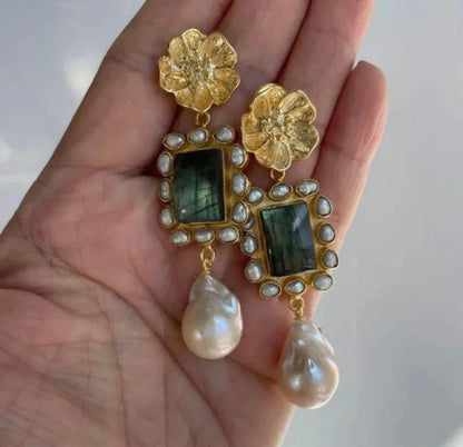 Emerald Bloom Pearl Drop Earrings