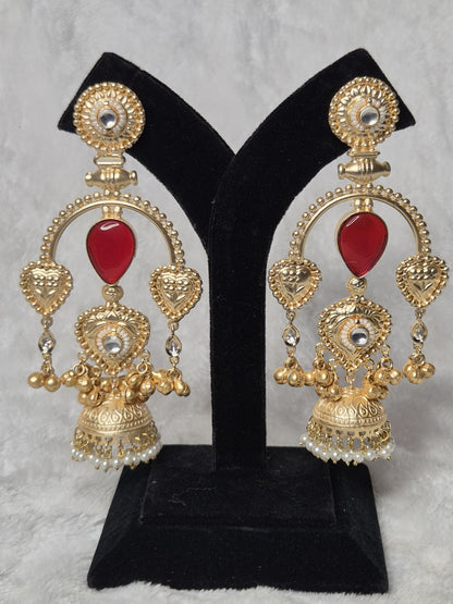 Semicircle Red Gold Jhumka Earrings