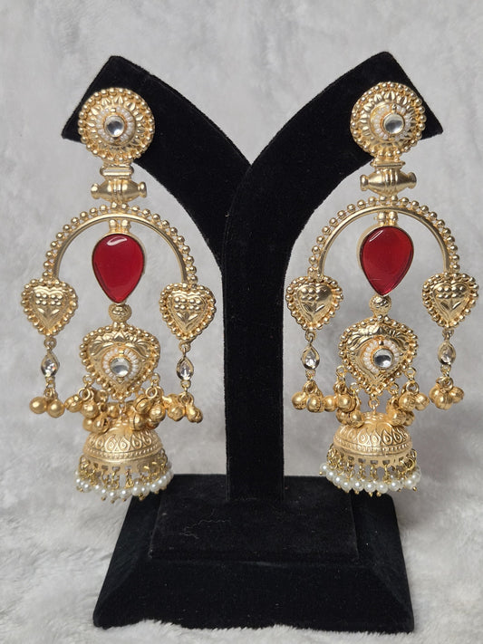 Semicircle Red Gold Jhumka Earrings