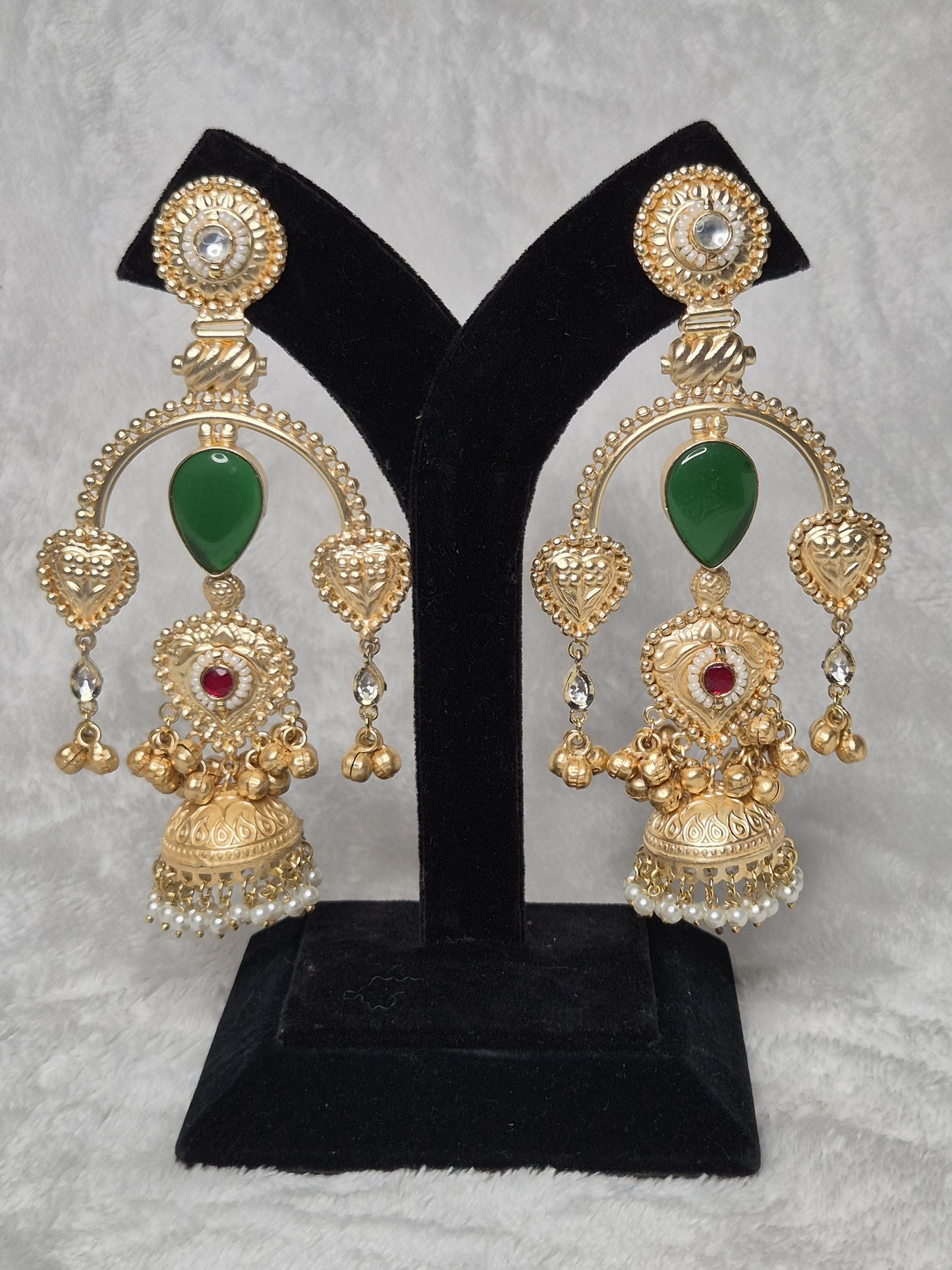 Semicircle Green Gold Jhumka Earrings