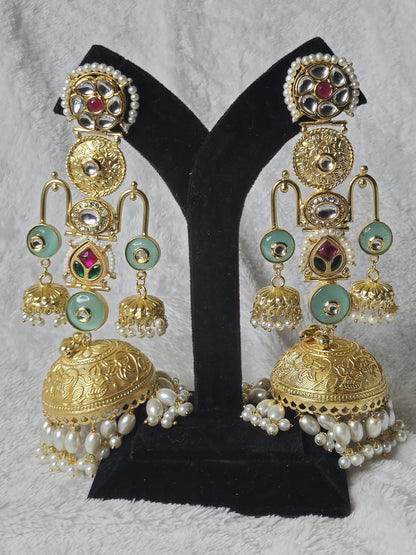 Long Multicolour Brass Triple Jhumka Earrings