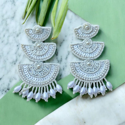 White 3 Layers Beaded Earrings