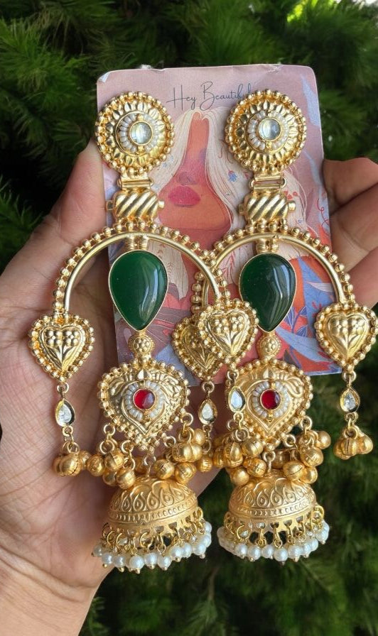 Semicircle Green Gold Jhumka Earrings