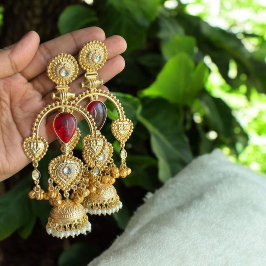 Semicircle Red Gold Jhumka Earrings