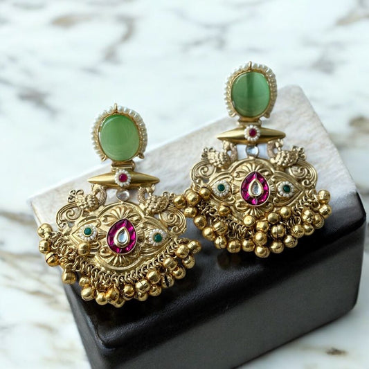 Mint Green Gold Traditional Earrings