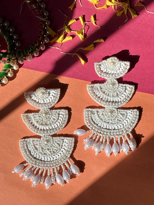 White 3 Layers Beaded Earrings