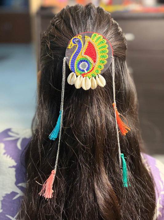 Peacock Glory Hair Brooch with Tassels