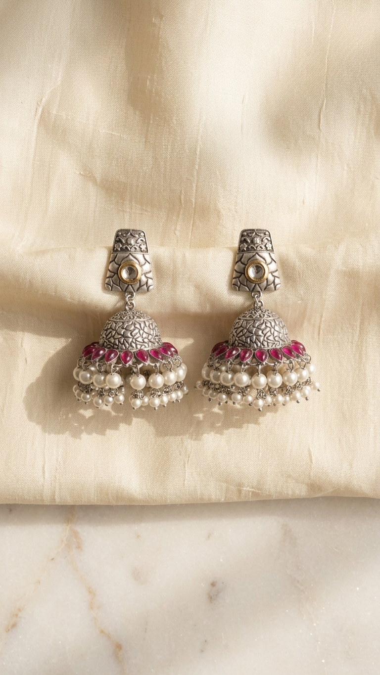 Pink Silver Oxidized Jhumkas